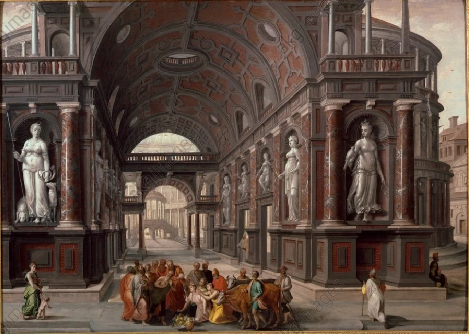 La gente di Listra pensa che Paolo e Barnaba siano dei e vogliono sacrificare loro dei buoi. Con Hans Vredeman il Vecchio